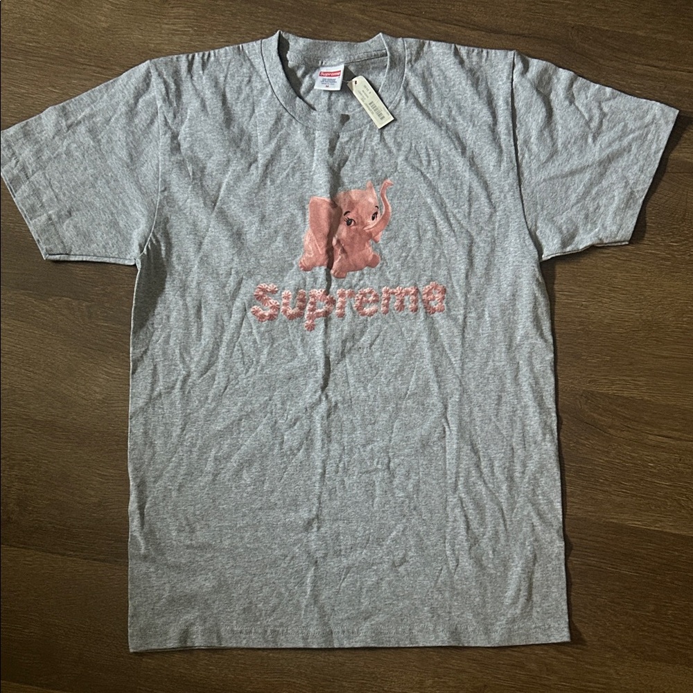 Supreme Heather Gray Tee with Pink Elephant Design